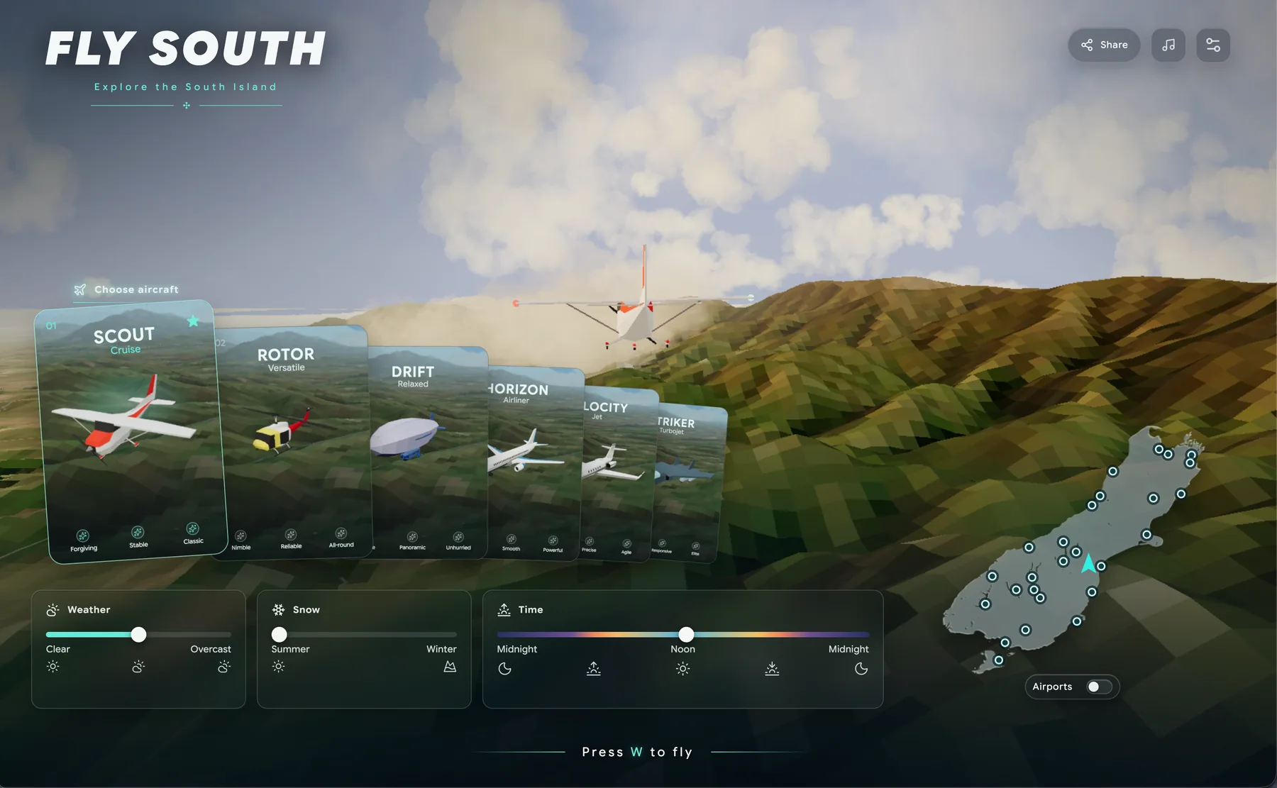 Fly South game menu above the mountains of Aotearoa New Zealand